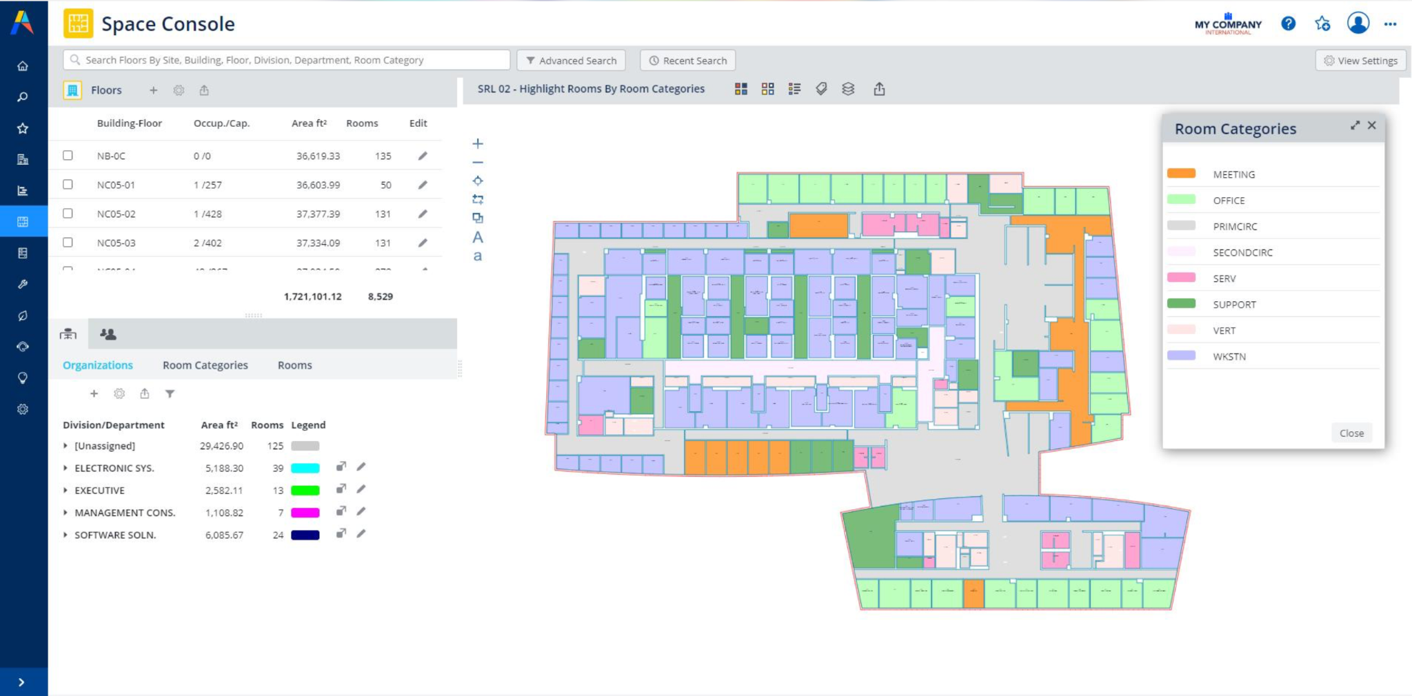 Archibus Space Console showing a color-coded office floor plan and room categories